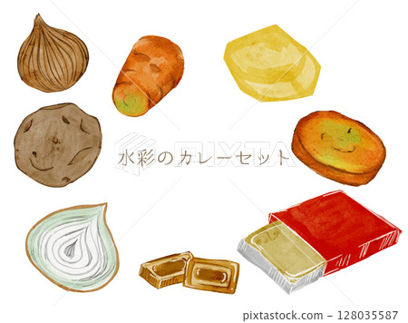 用水彩插圖製作的咖哩套餐 固體麵糊套餐的插圖 用水彩插圖製作的咖哩套餐 固體麵糊套餐的插圖 128035587