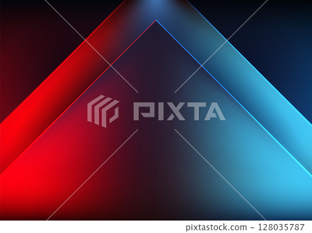 Technology Abstract Dark Background with Red and Blue Neon Triangles, Futuristic Light Glow, Geometric Digital Concept Design for Modern Innovation and Sci Fi Themes 128035787