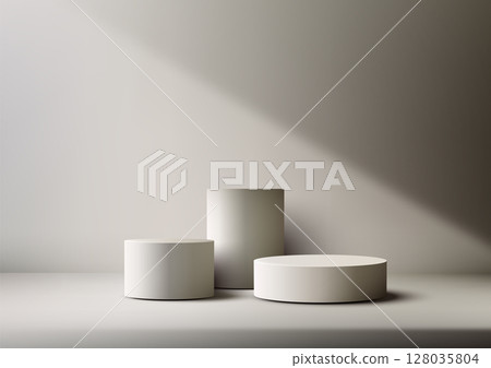 minimalist podium display with cylindrical pedestals on neutral background for product mockup or showroom scene, branding, design presentations, or studio marketing concepts minimalist podium display with cylindrical pedestals on neutral background for product mockup or showroom scene, branding, design presentations, or studio marketing concepts 128035804