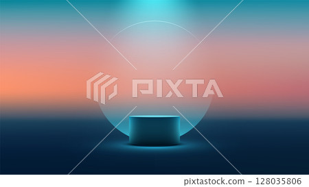 futuristic product display with glowing blue pedestal and peach to blue gradient background for modern showroom mockup or digital showcase design 128035806