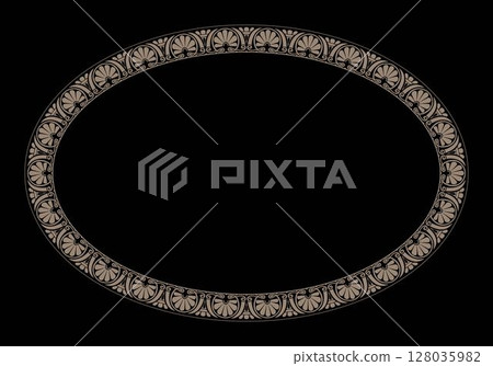 Gold oval frame with Greek ornament. Classic Greek floral meander. Patterns of Greece, ancient Rome. Round greek frame. Circle european border. For textile, engraving, embroidery, porcelain, ceramics. 128035982