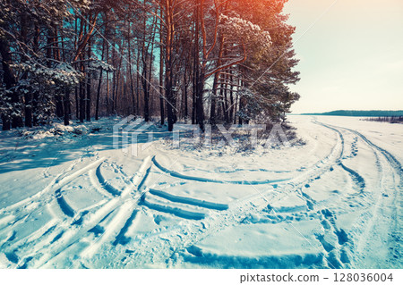 Winter rural landscape. Car tracks in the snow at the edge of the forest. Winter nature background. Snowy pine forest and field covered with snow. Christmas background Winter rural landscape. Car tracks in the snow at the edge of the forest. Winter nature background. Snowy pine forest and field covered with snow. Christmas background 128036004