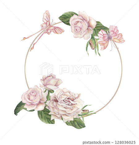 Round frame decorated with delicate pink roses and butterflies. The watercolor illustration is hand-drawn in a botanical style in a pastel color scheme. For wedding design, packaging, postcards 128036025