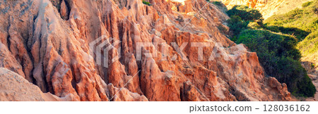 Rocky seascape in the Algarve region in the Atlantic Ocean, Portugal, Europe. Horizontal banner Rocky seascape in the Algarve region in the Atlantic Ocean, Portugal, Europe. Horizontal banner 128036162