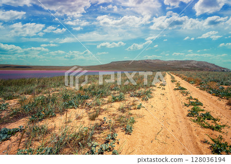 Dirt road along Pink Lake 128036194