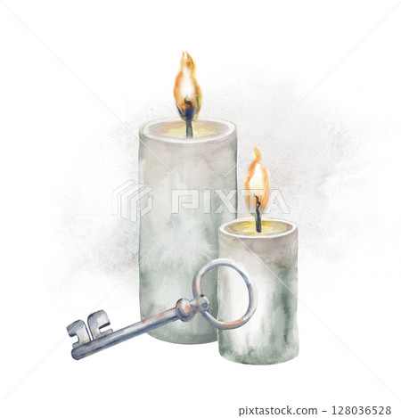 Watercolor composition with burning gray candles and a rusty key on the background of a watercolor stain. The elements are hand-drawn on a white background. Isolated. Mystical illustration for 128036528