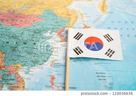 Bangkok, Thailand December 7, 2023, South Korea flag on world map. Bangkok, Thailand December 7, 2023, South Korea flag on world map. 128036636
