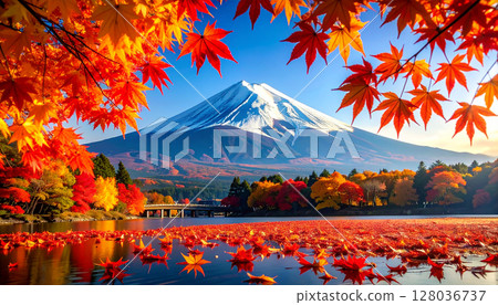 Autumn Maple Mt. Fuji AI Generation Background 128036737