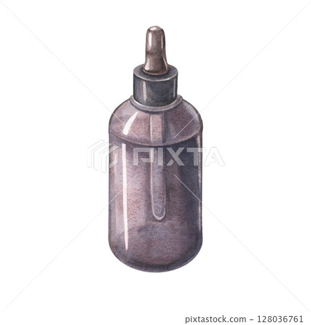 Dark glass bottle of serum and essential oil. Skincare and haircare watercolor isolated on white background. Perfect for beauty products, cosmetology, dermatology, aromatherapy, medicine and spa label 128036761