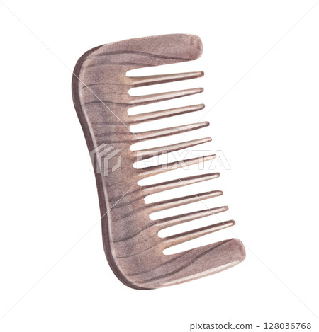 Wooden beard and mustache comb. Hand-painted watercolor illustration of barbershop tool isolated on white background. Perfect for haircut, grooming, hairdresser, haircare branding, printing and design 128036768
