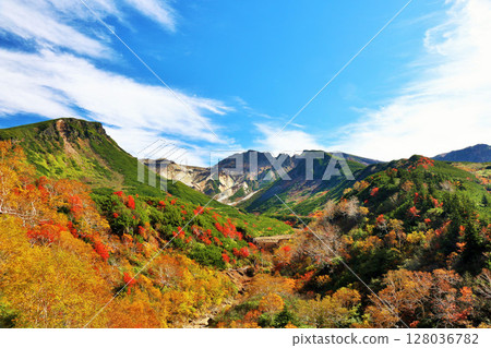 Hokkaido Tokachidake of autumn blue sky and colored leaves Hokkaido Tokachidake of autumn blue sky and colored leaves 128036782