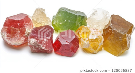 Colorful Crystal Stones Natural Gemstones Red Yellow Green Minerals Pile Rocks Shiny Rough Facet 128036887