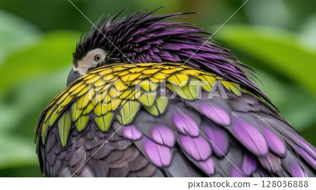 Vibrant Yellow Purple Parrot Feathers Closeup Detailed Nature Wildlife Bird art wing vivid avian 128036888