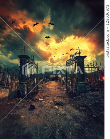 Spooky Cemetery Gate at Sunset Dramatic Halloween Bats Graveyard Path old sky red dark dirt mood 128036972