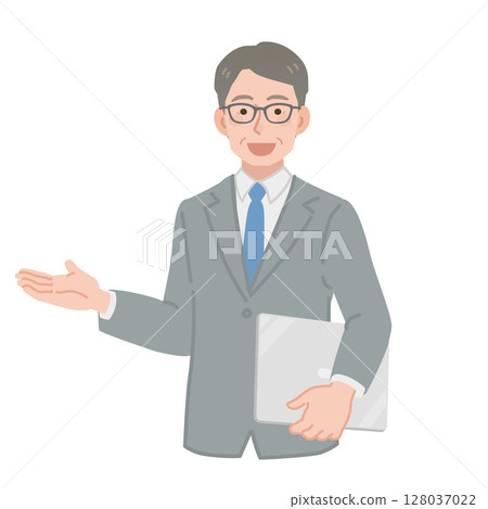 A middle-aged businessman giving directions with a laptop 128037022