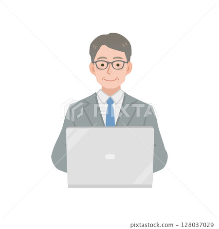 Illustration of a middle-aged businessman using a computer 128037029