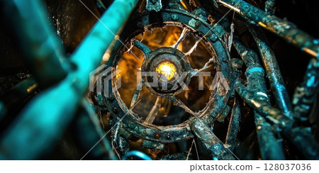 Rusty Metal Gear Abstract Background Industrial Teal Grunge Texture Dark up old art worn image close 128037036