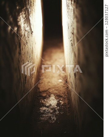 Dark Brown Stone Passage Light Hopeful Path Mysterious art old wall spot beam earth image photo 128037127