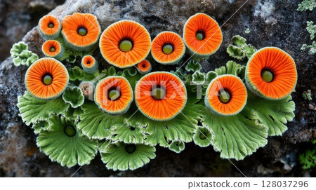 Vibrant Orange Flowers Green Foliage Nature Botany Closeup Detailed Macro Photography Rock 128037296