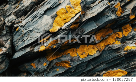 Abstract Dark Grey Rock Texture with Golden Yellow Lichen art wild stone color rough image photo 128037297