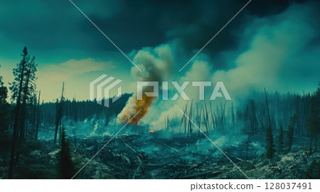 Dark Teal Forest Fire Dramatic Smoke Burning Trees Nature hot art heat view woods image photo damage 128037491