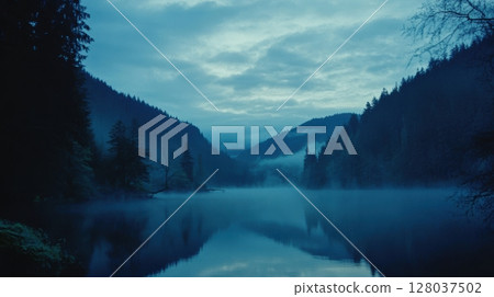 Serene Blue Lake Mist Mountain Landscape Nature Scenery Tranquil Peaceful Evening Sky fog calm view 128037502