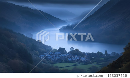 Misty Mountain Lake Village Scenic Autumn Landscape Photography fog sky blue view calm dark cold 128037516