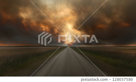 Dramatic Smoky Sunset Prairie Road Landscape Fiery Sky red way art fire dark path vast open wide 128037580