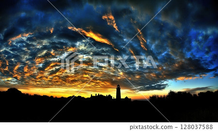 Dramatic Sunset Lighthouse Silhouette Vibrant Sky Cloudscape Coastal Scene sea blue dark view fire 128037588
