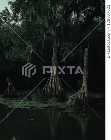 Dark Cypress Trees Swamp Mysterious Nature Moody Atmosphere Night Deep View Roots Water Green Black 128037622