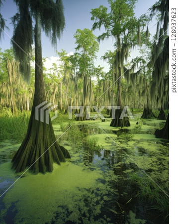 Cypress Swamp Trees Spanish Moss Green Water Nature Scene Eco Calm Mood Feel Dark Image Still Quiet 128037623