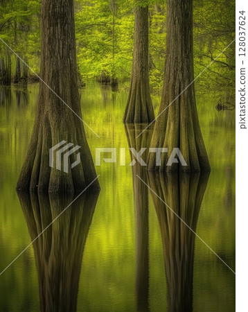 Cypress Trees Spring Reflection Serene Nature Swamp Green Water Art Calm Wood Bark Life Scene Image 128037624