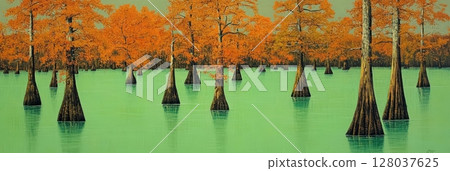 Autumn Cypress Trees Swamp Landscape Painting Art Nature Scene Sky Fall Teal Wood Calm Wild Water 128037625
