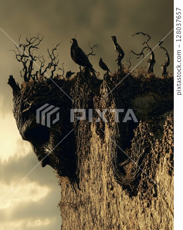 Dark Fantasy Rock Face Sculpture Birds Nature Ancient Mysterious Artwork sky crow gray gold mood Dark Fantasy Rock Face Sculpture Birds Nature Ancient Mysterious Artwork sky crow gray gold mood 128037657