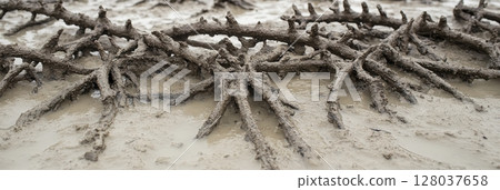 Muddy Mangrove Roots Texture Background Natural Wetland Scene sea gray soil tree wood brown earth Muddy Mangrove Roots Texture Background Natural Wetland Scene sea gray soil tree wood brown earth 128037658
