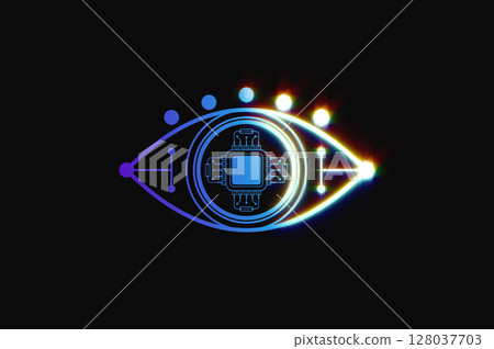 Eye Scanner Logo .Cyber eye on a black background .Electronic nanotechnology .Technologies of the future . illustration . Eye Scanner Logo .Cyber eye on a black background .Electronic nanotechnology .Technologies of the future . illustration . 128037703