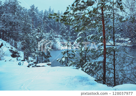 The shore of the lake is covered with snow in winter. View of a beautiful lake in snowy winter 128037977
