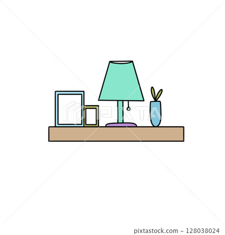 A shelf with a lamp, vase, and picture frames 128038024