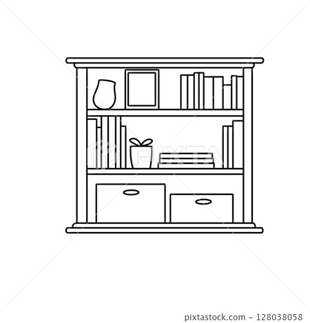 A white bookshelf with a few books and a potted plant on top 128038058