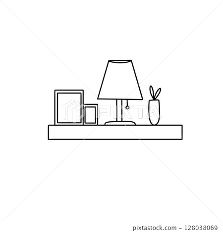 A shelf with a lamp, a vase, and a picture frame A shelf with a lamp, a vase, and a picture frame 128038069