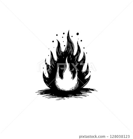 Stylized Black and White Flame Illustration with Textured and Dynamic Elements 128038123