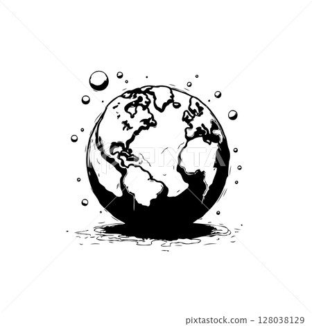 Stylized Black and White Globe Illustration with Floating Orbs and Shadow 128038129