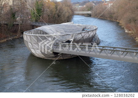 An artificial island on the Mur river in Graz, Austria 128038202