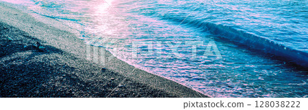 Seascape at sunset. Beautiful beach in the evening. Horizontal banner 128038222