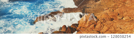 Rocky seashore. Stormy sea. Beautiful wild nature. Horizontal banner Rocky seashore. Stormy sea. Beautiful wild nature. Horizontal banner 128038254