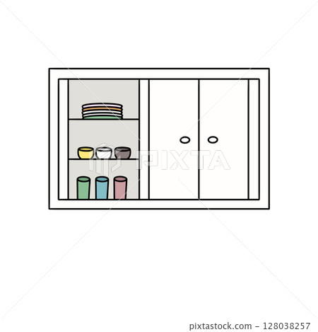 A white cabinet with a shelf full of dishes and cups 128038257