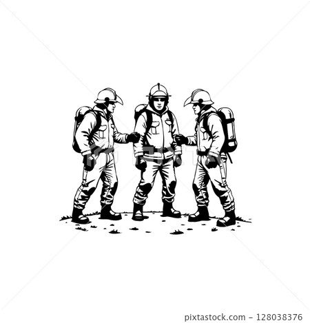Three firefighters in protective gear stand together, ready for emergency response 128038376