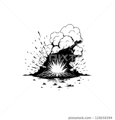 Stylized volcanic eruption illustration with dramatic clouds and debris field 128038394