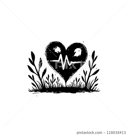Stylized Black Heart with EKG Line and Plant Accents on White Background 128038413