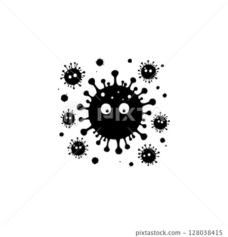 Humorous depiction of a virus with eyes in black and white illustration 128038415